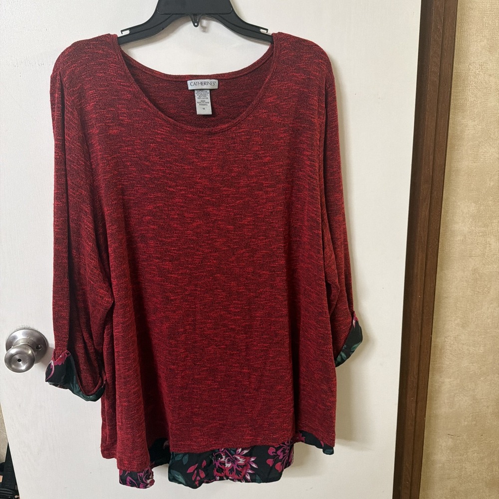 Catherines Sweater Womens 1X Heathered Red Tunic Contrast Trim Flowers